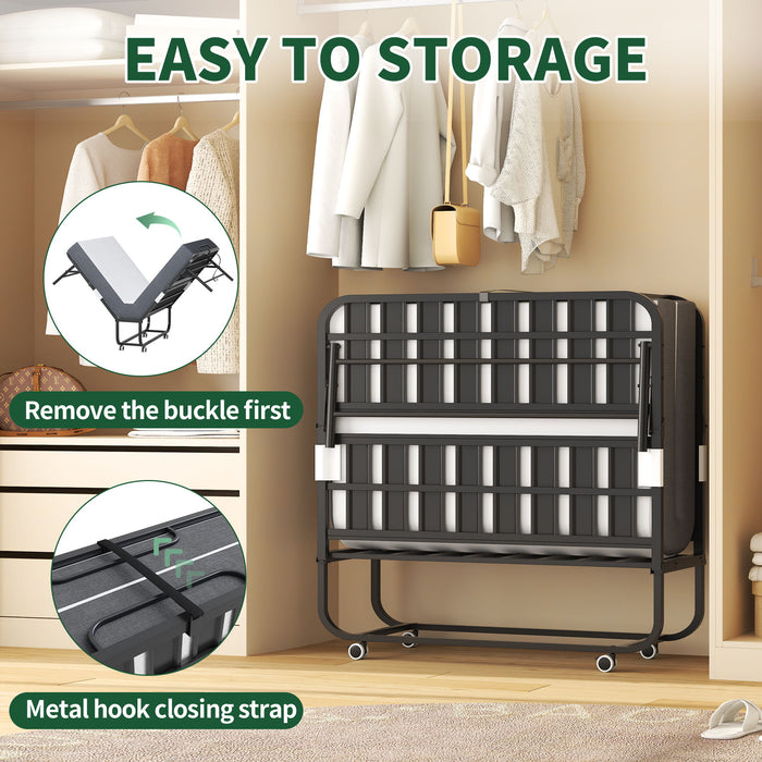 Twin Wide Folding Bed For Tall People, Extra Long & Wide Rollaway With Memory Foam, Heavy-Duty Capacity Guest, Spacious Portable Cot - Black