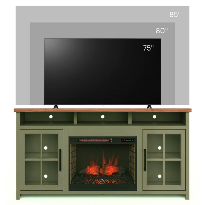 74" Fireplace TV Stand Console For TVs Up To 85" - Sage Green And Fruitwood