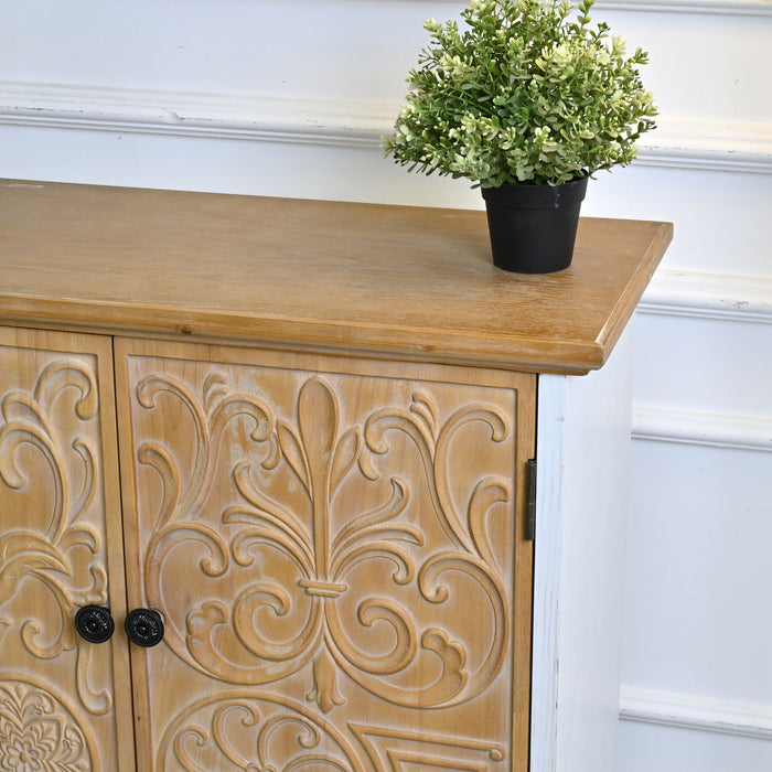 Accent Flower Carved Door Sideboard Cabinet With 2 Drawers For Kitchen - Natural Wood Wash / White