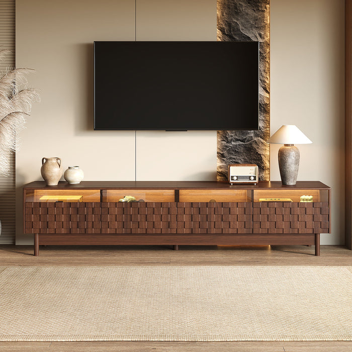 TV Stand With LED Lights And Glass Drawers For Living Room - Walnut