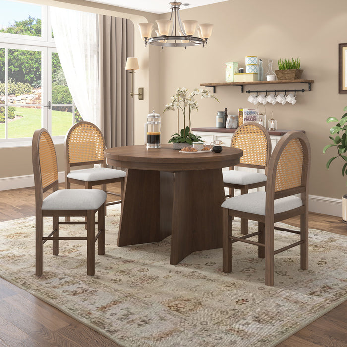 Extendable Round Dining Table Set For 4 With 4 Upholstered Chairs - Beige / Walnut