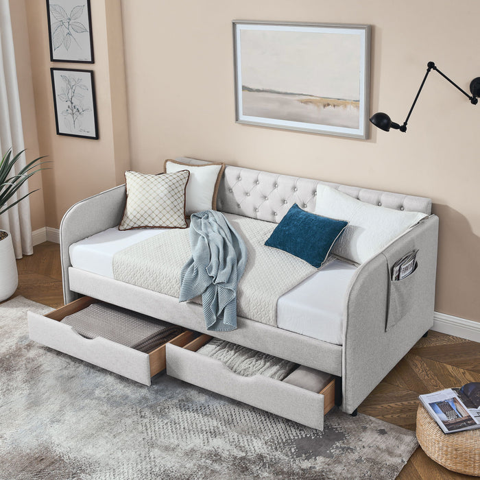 Daybed With Trundle And Storage Drawers, Flat Arms With Pocket