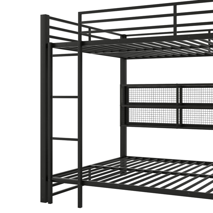 Queen Over Queen Bunk Bed With Storage Cabinets And LED Sturdy Frame, 6 Storage Units, Adjustable LED Lights - Black