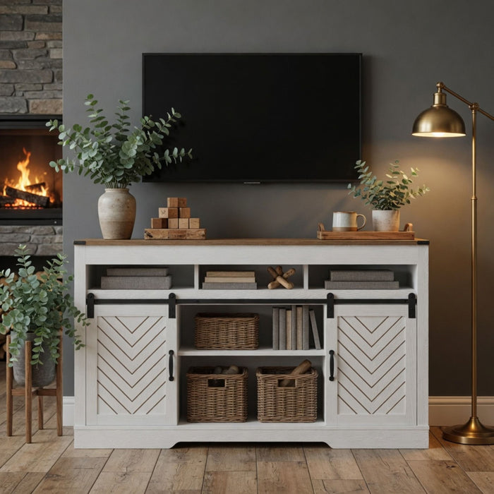 TV Stand With Sliding Barn Doors And Adjustable Storage - White / Oak
