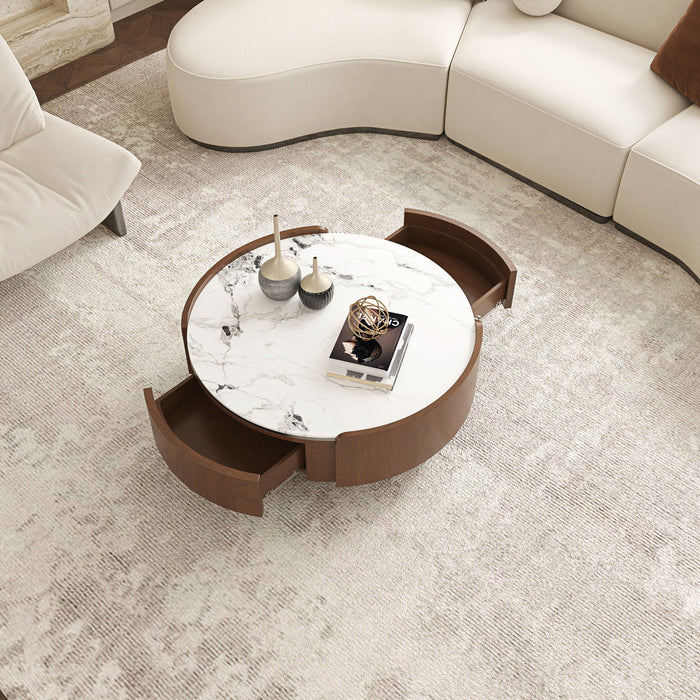 Round Coffee Table With Ball Feet, Dual Storage Drawers For Living Room - Walnut Brown