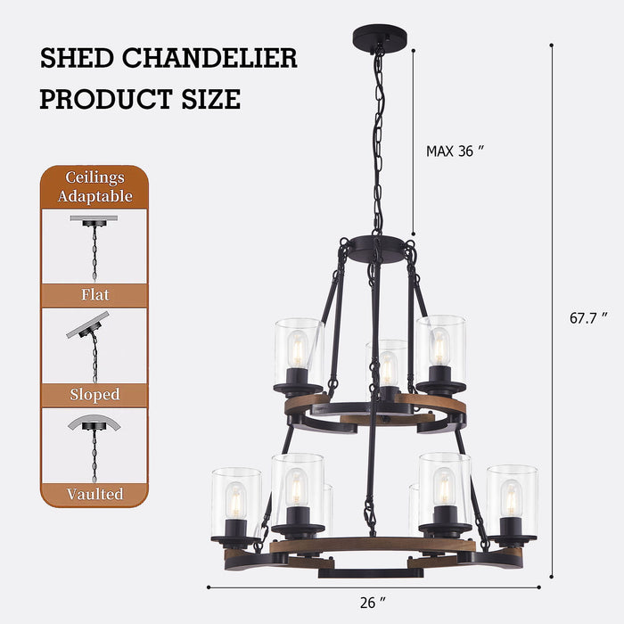 Wagon Wheel Chandelier, Ceiling Light With Adjustable Height - Black / Brown