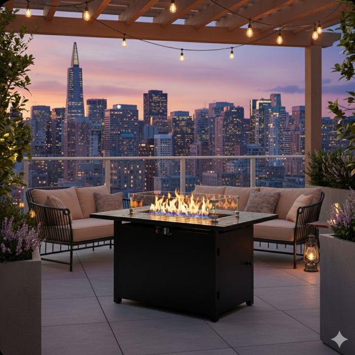 Outdoor 2 In 1 Gas Fire Pit Table With Lid & Glass Shield, Stainless Burner, Lava Rock, Rectangular Design - Black