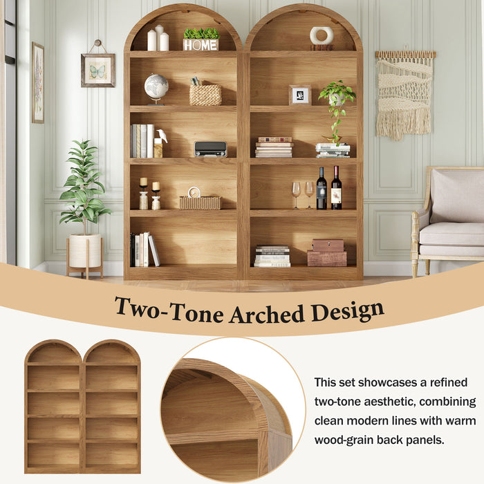 Freestanding Tall 5 Tier Display Bookcase For Living Room (Set of 2) - Brown