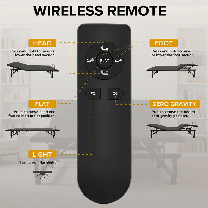 Adjustable Bed Base Frame With Wireless Remote, 4 USB Ports, Under Bed Nightlights, Zero Gravity