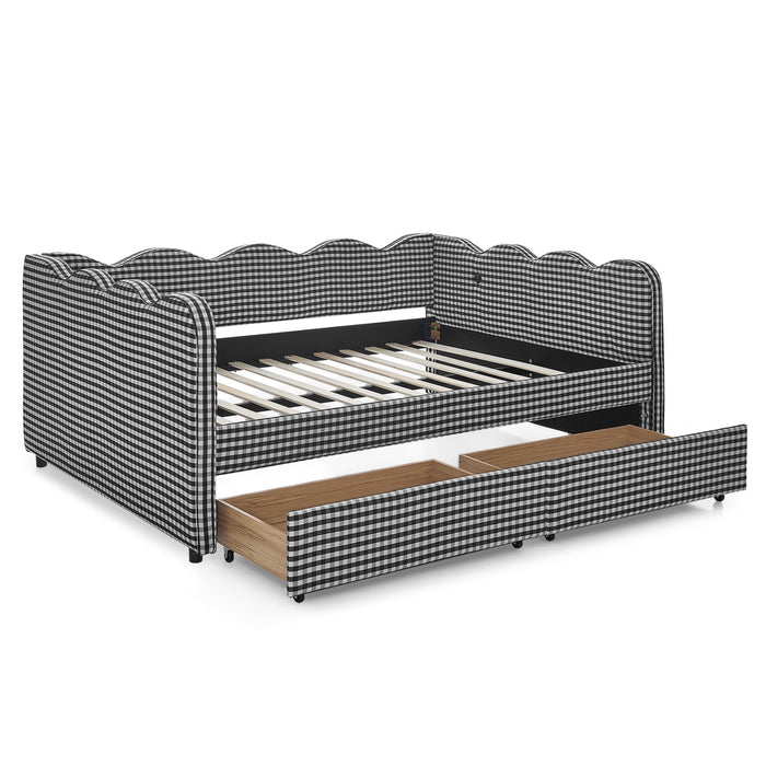 Gingham Daybed With USB Charging Port, Wave-Shaped Design