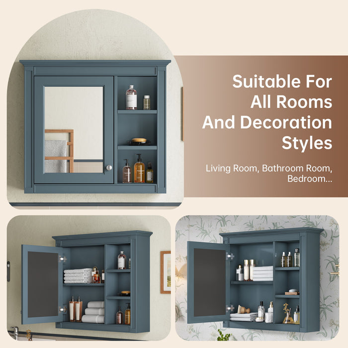 Wall-Mounted Medicine Cabinet With Mirror, Adjustable Shelves, Rectangular Design - Blue