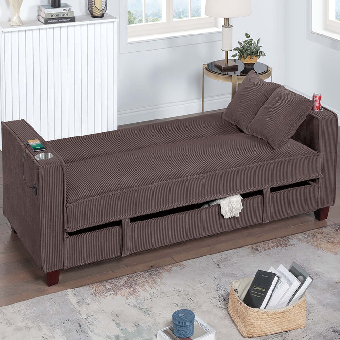 Modern Convertible Sofa With Hidden Storage USB Port, Cup Holder