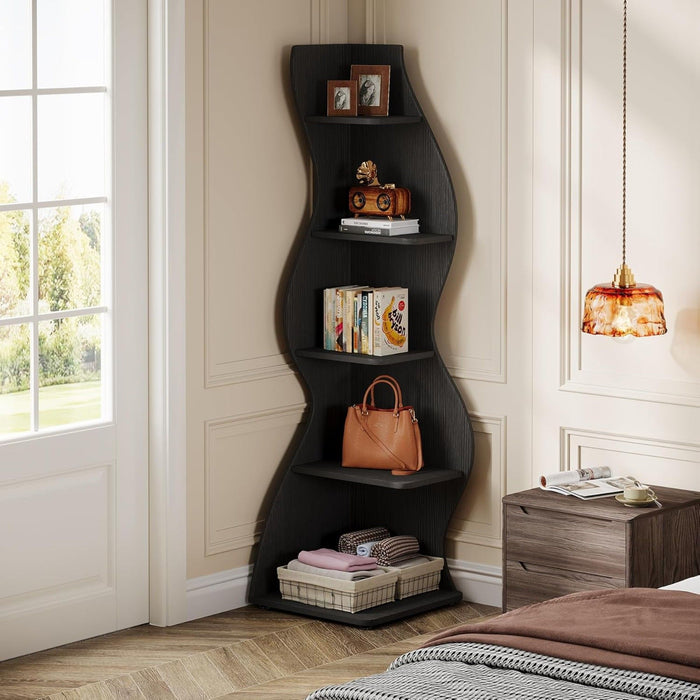 5 Tier Wavy Corner Bookshelf And Plant Stand For Living Room
