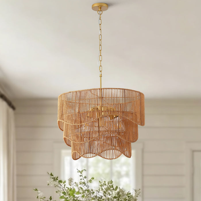 Chandelier With 7 Light E26 Base, Adjustable Height Wave Pendant Light For Living Room - Gold