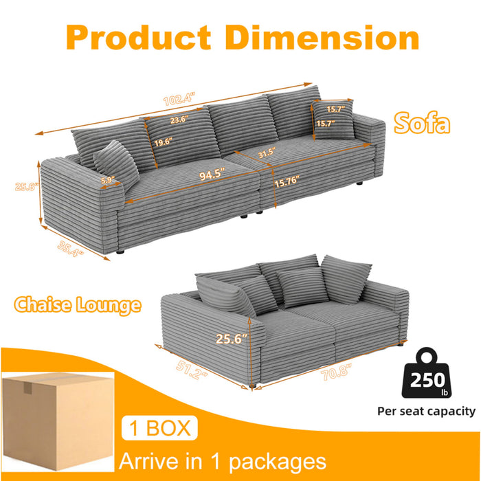 Plush Corduroy 4 Seat Sofa With Soft Pillows And Movable Ottoman