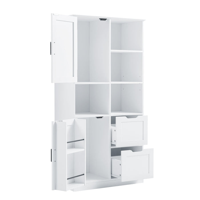 Freestanding Bathroom Storage Cabinet With Doors And Drawers, Adjustable Shelf, Open Shelves - White
