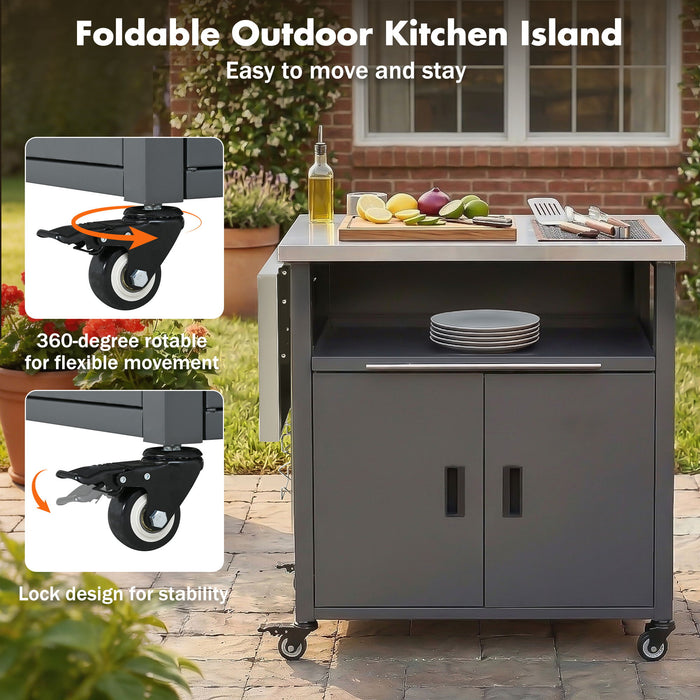 Foldable Outdoor Prep Station BBQ Cart With Trash Rack