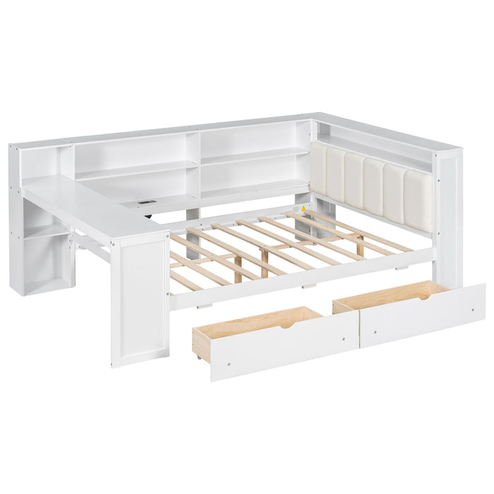 Platform Bed With Upholstered Headboard, Storage Shelves, Drawers, Charging Station, LED Lighting, Built In Desk