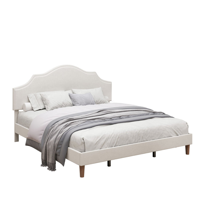 King Size, Upholstered Platform Bed Frame With Adjustable Headboard, No Box Spring Needed - White