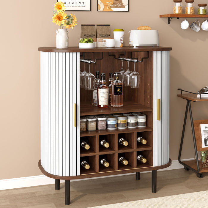 Fluted Wine Bar Cabinet With 8 Grid Wine Rack, 5 Level Adjustable Shelves, 2 Glass Holders