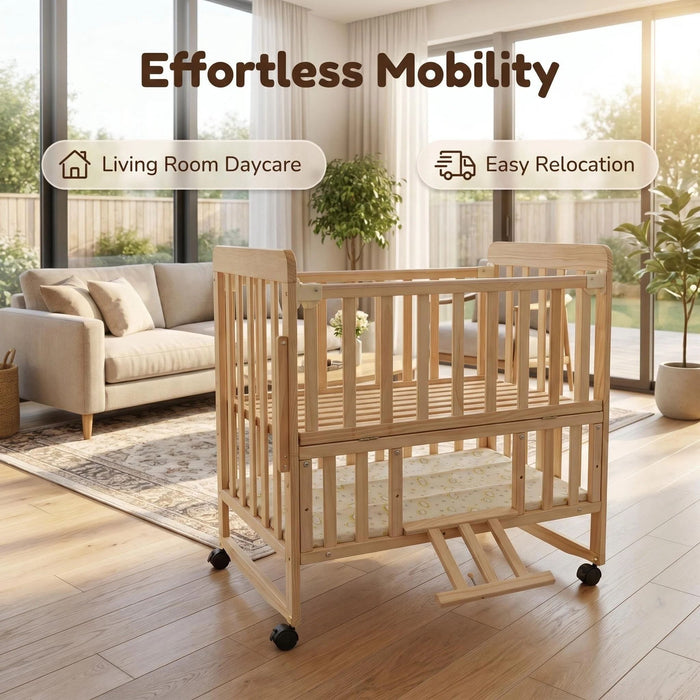 Portable Mini Baby Crib 5 In 1 Convertible With Foldable Storage - Natural Wood