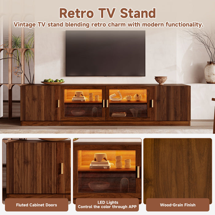 TV Stand, Media Console With Glass Doors And LED Lights, Adjustable Shelf Storage - Walnut