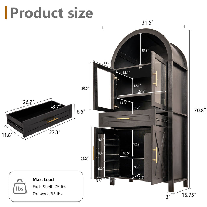 Arched Kitchen Pantry Cabinet With Adjustable Shelves & Barn Door Design