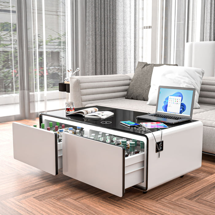 Modern Smart Coffee Table With Built-In Fridge, tooth Speaker, Wireless Charging Module, Touch Control Panel, Power Socket, USB Interface, Outlet Protection, Atmosphere Light