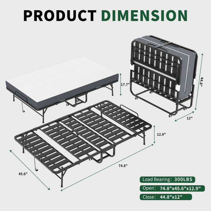 Twin Wide Folding Bed For Tall People, Extra Long & Wide Rollaway With Memory Foam, Heavy-Duty Capacity Guest, Spacious Portable Cot - Black