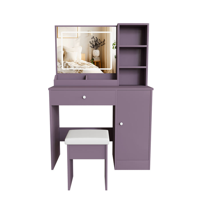 Vanity Desk Set With Padded Stool & Adjustable LED Mirror, 3 Color Mode Lighting, Compact For Bedroom - Purple