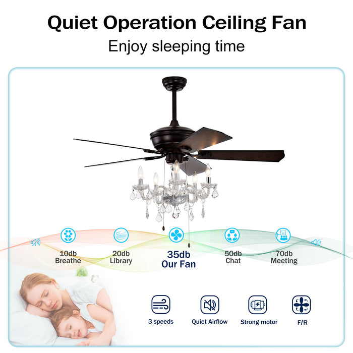 52" Crystal Shade Ceiling Fan Lamp, 3 Speed, 4 Timing, 5 Reversible Blades Crystal Ceiling Fan, 5 Pieces X E12 (No Include Bulb), Hand Pull Chain - Matte Black