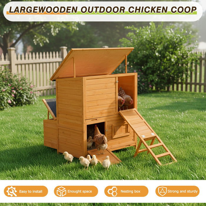 Chicken Coop, Large Chicken Coop With 3 Nesting Boxes, Foldable Ramp And Flip Up Asphalt Roof - Orange