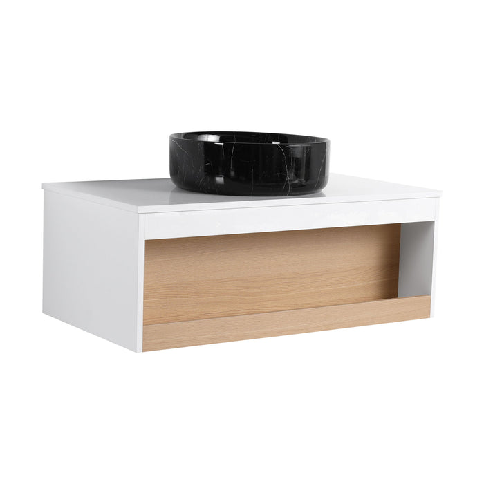Floating Bathroom Vanity With Vessel Sink With Open Shelf Storage