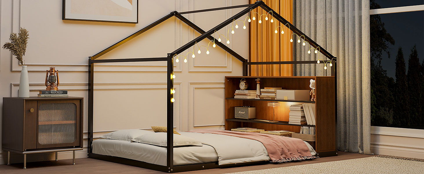 Bed House Frame With Shelves And Lights