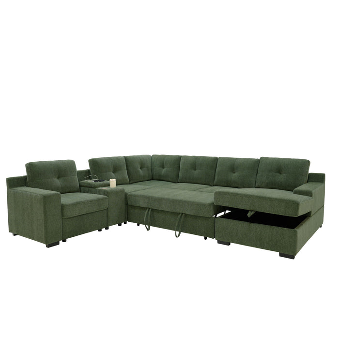 U - Shape Sectional Pull Out Bed With Console, Storage, And USB Charging