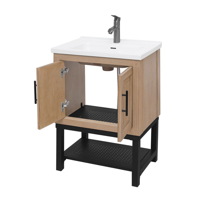 Modern Freestanding Bathroom Vanity With Ceramic Sink, Hot And Cold Faucet, Storage Cabinet & Open Shelf