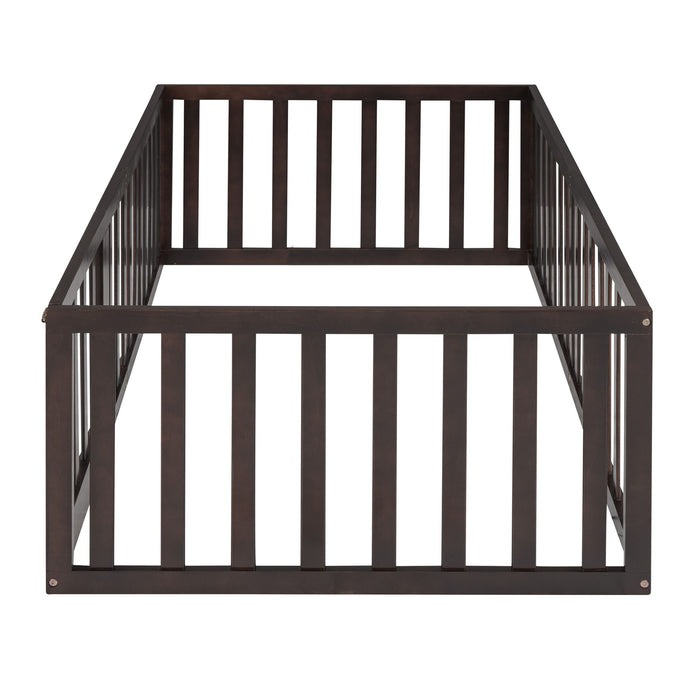 Twin Size Floor Bed Frame With Fence And Door - Walnut