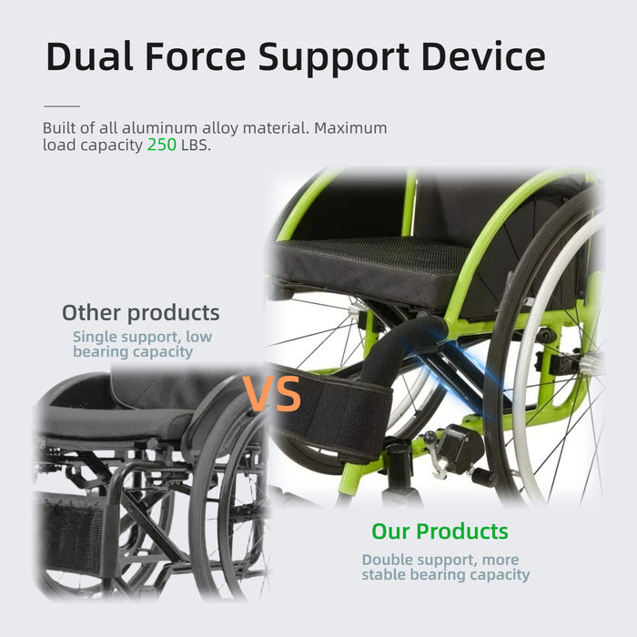 Premium Lightweight Foldable Sport Wheelchair All Body Sturdy & Comfortable 250Lbs Capacity Easy Folding 24" Sports Tires Perfect For Outdoor - Black / Green