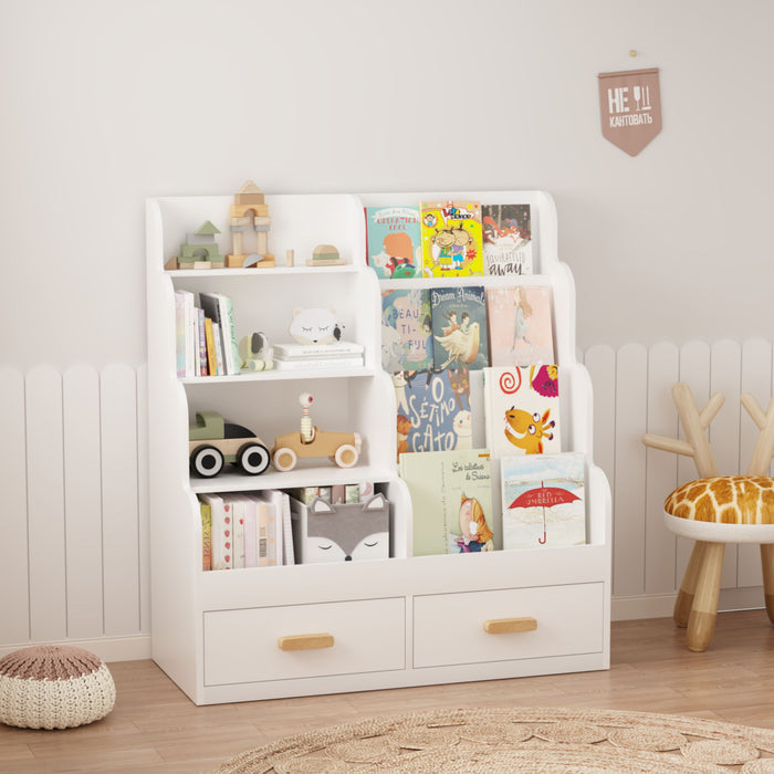 Bookshelf With 2 Storage Drawers, Front Facing Bookcase And Toy Organizer, Multi Tier Reading Shelf - White