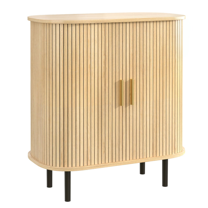 Fluted Wine Bar Cabinet With 8 Grid Wine Rack, 5 Level Adjustable Shelves, 2 Glass Holders