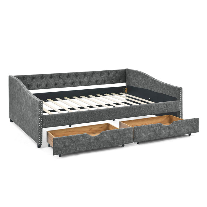 Upholstered Tufted Daybed With 2 Drawers, Waved Arms