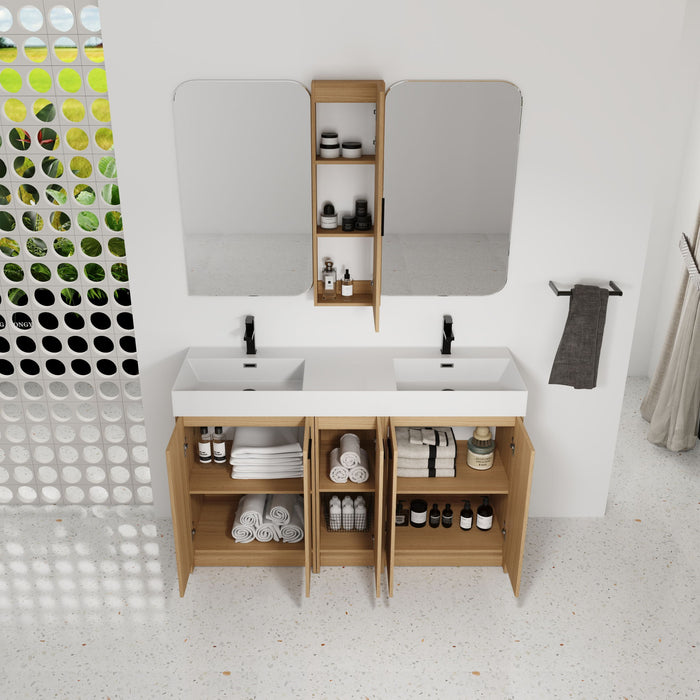 Double Sink Bathroom Vanity Set With Tall Linen Cabinet, Extra Large Storage, Integrated Sink, Freestanding Cabinet - Light Oak / White