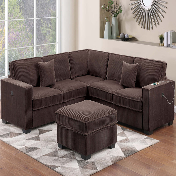 4 Piece Sectional Set With USB Ports, Left Arm Facing / Right Arm Facing Loveseat, Corner Wedge, Cocktail Ottoman, 2 Pillows - Chocolate