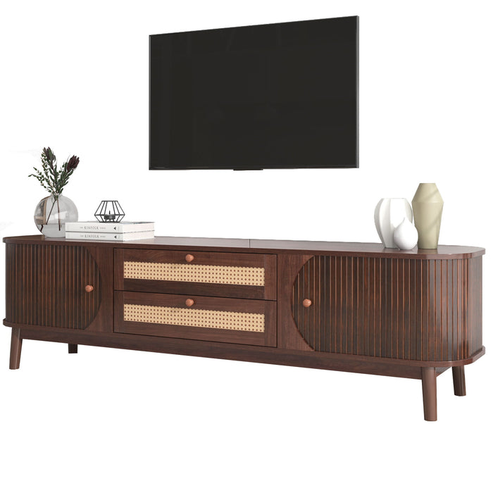 TV Stand For TVs Up To 75'', Cabinet With Drawers And Sliding Doors, Living Room Entertainment Console - Natural Wood / Brown