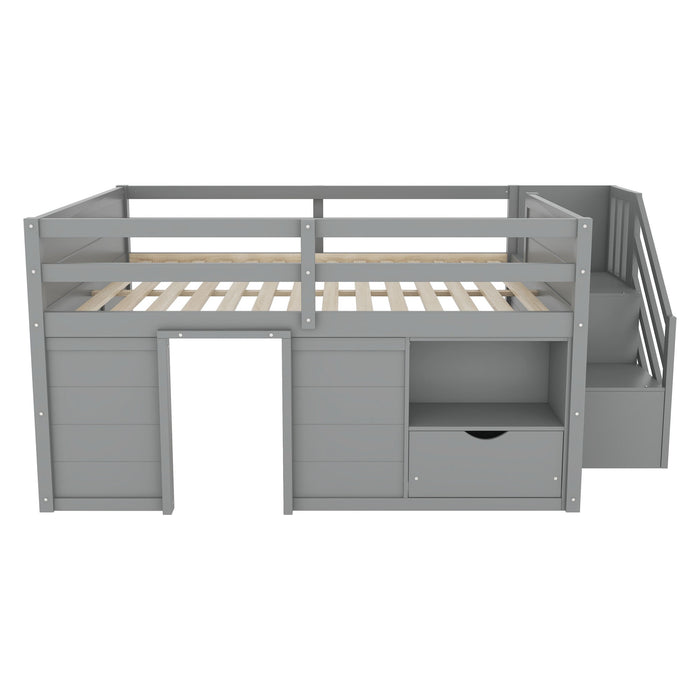 Low Loft Bed Frame With Built In Stairs, Storage Drawer, Shelf And 7 Color LED Light