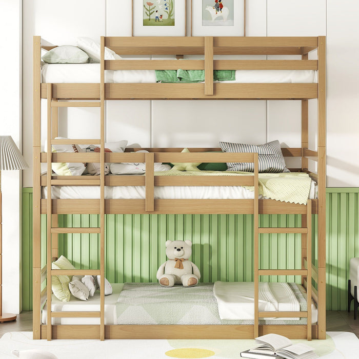 Twin Over Twin Over Twin Triple Bunk Bed With 2 Built In Ladders, Guardrails - Natural