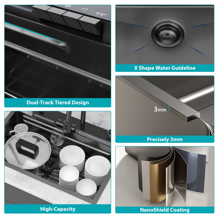 30" Whale Digital Waterfall Sink With LED Display, 16 Gauge Single Bowl Ledge Workstation - Gunmetal Black