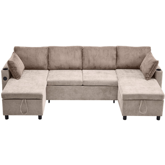 Sectional Sofa Bed With Pull Out Sleeper, USB Ports, Cup Holders