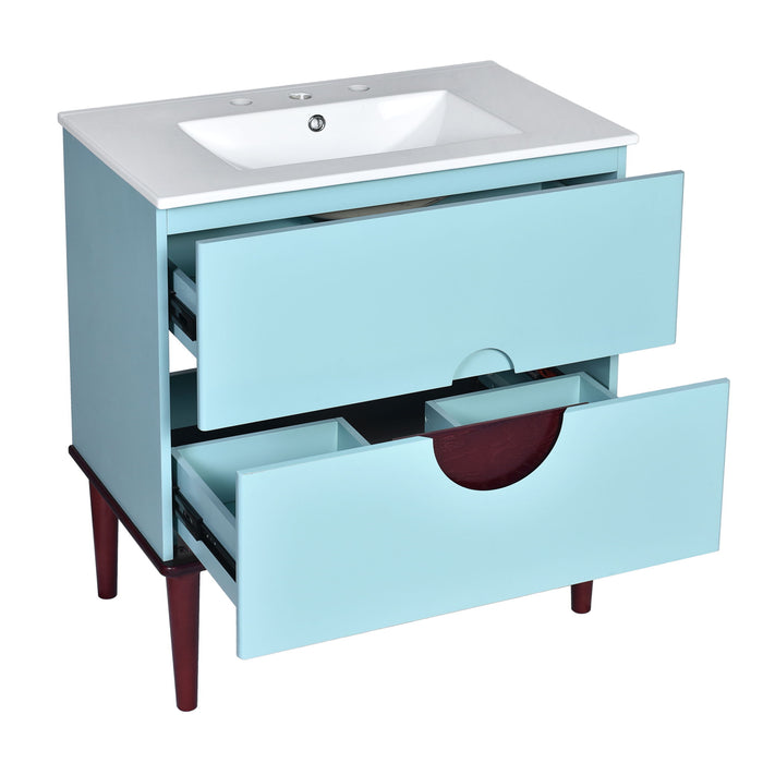 Bathroom Vanity Cabinet With Ceramic Sink Combo Set, Frame Modern Bathroom Storage Cabinet With 2 Drawers - Blue