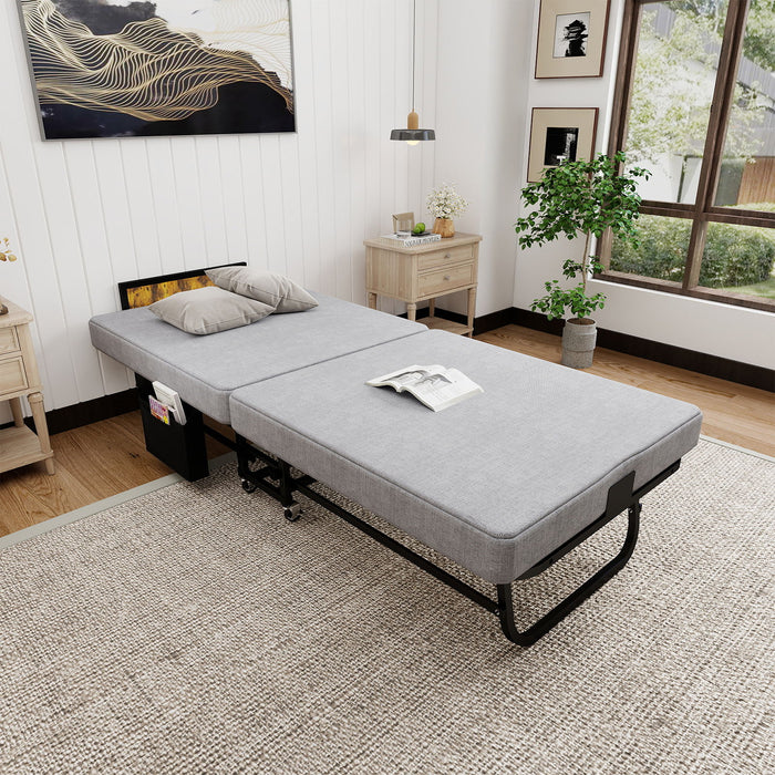 Twin Folding Bed With Headboard & USB Charging Station - Gray